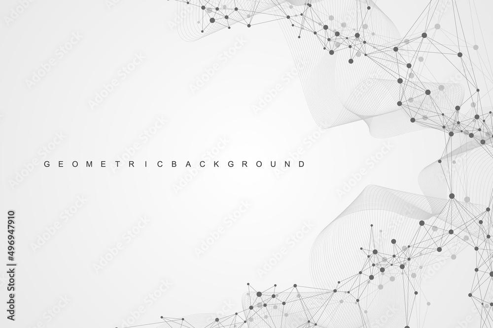 Poster Geometric abstract background with connected lines and dots. Connectivity flow point. Molecule and communication background. Graphic connection background for your design. Vector illustration.