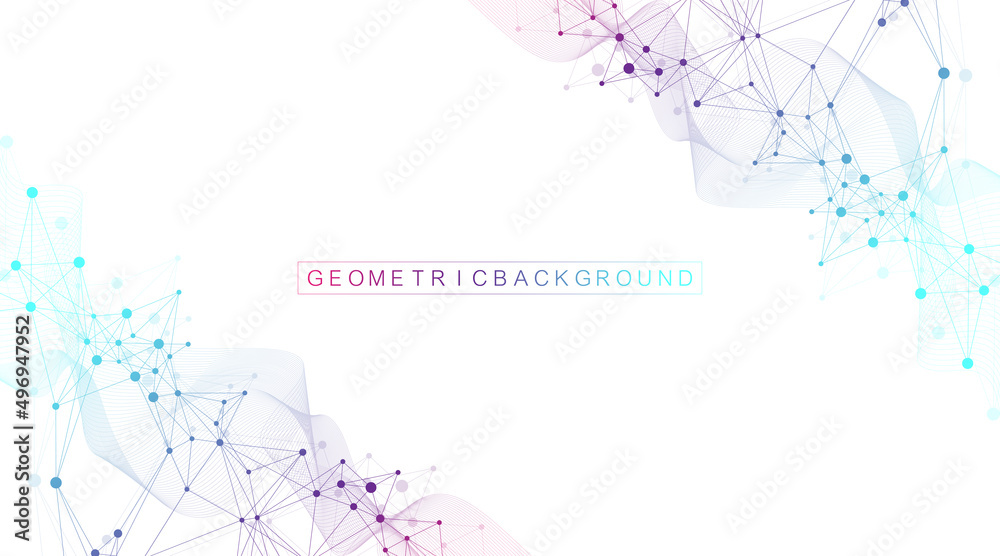 Fototapete Geometric abstract background with connected lines and dots. Connectivity flow point. Molecule and communication background. Graphic connection background for your design. Vector illustration.