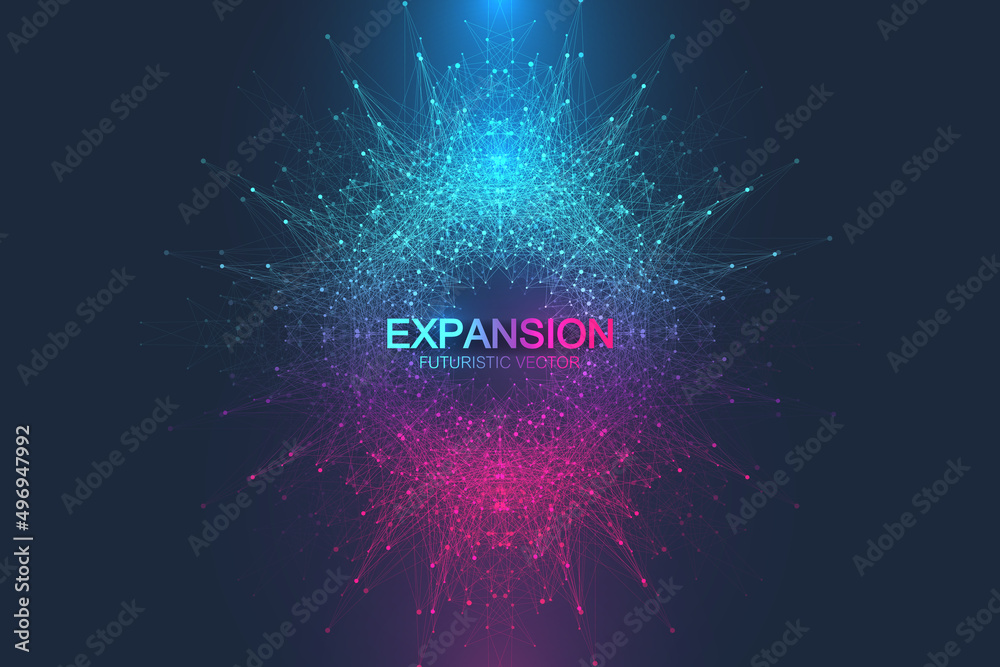 Poster Expansion of life. Colorful explosion background with connected line and dots, wave flow. Visualization Quantum technology. Abstract graphic background explosion, motion burst, vector illustration