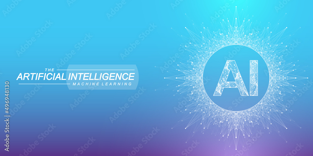 Poster Artificial intelligence logo. Machine Learning concept. Digital Brain. Neural Networks and Learning Processing Big Data. Data flow background. Vector illustration
