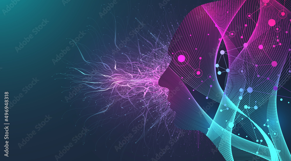 Poster Artificial intelligence concept. Machine Learning. Digital Brain. Neural Networks and Learning Processing Big Data. Data flow background. Vector illustration