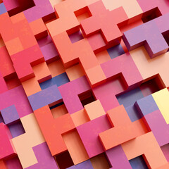 Colorful abstract geometric 3d background with different elements and colors for your design. Abstract shapes from tetris game. Square format. 3d rendering illustration.
