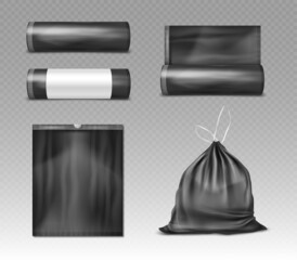 Black plastic bag for trash and garbage. Black disposable package for rubbish. Vector realistic mockup of polyethylene trash bag isolated on transparent background.