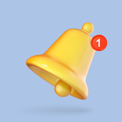 Obraz na płótnie Canvas 3d notification bell icon isolated on blue background. 3d yellow ringing bell with new notification for social media reminder. 3d cartoon vector illustration.
