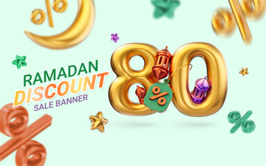 gold realistic 80 percent discount Ramadan and Eid super sale offer banner template design 3d render