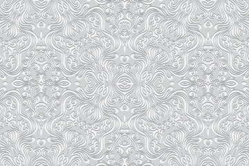 Vintage embossed white background, cover design. Geometric abstract 3D pattern, ethnic texture. Creativity of the peoples of the East, Asia, India, Mexico, Aztecs, Peru. 