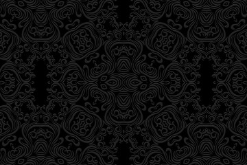 Vintage black background, cover design. Geometric trendy 3D pattern, ethnic texture. Creativity of the peoples of the East, Asia, India, Mexico, Aztecs, Peru.