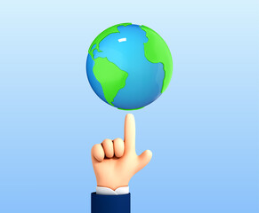 3D cartoon style hand holding a planet earth. Earth day concept. Vector 3d illustration