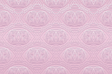 Embossed satin trendy pink background, cover design. Geometric 3d pattern, ethnic texture. Creativity of the peoples of the East, Asia, India, Mexico, Aztecs, Peru.