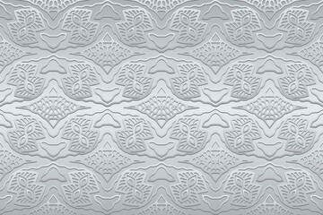 Embossed satin metallic gray background, cover design. Geometric 3d pattern, ethnic texture. Creativity of the peoples of the East, Asia, India, Mexico, Aztecs, Peru.
