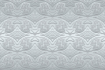 Embossed satin metallic gray background, cover design. Geometric 3d pattern, ethnic texture. Creativity of the peoples of the East, Asia, India, Mexico, Aztecs, Peru.