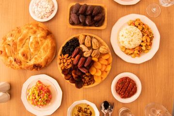 Dinner with dried fruits on wooden table, Food concept photo. 