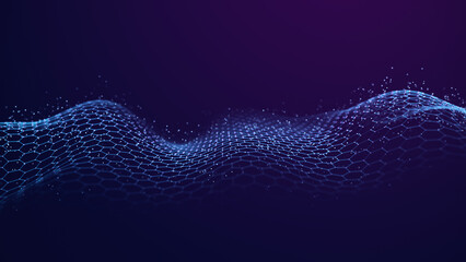 Abstract hexagon wave. Big data visualization. Futuristic background of points with a dynamic wave. Wave with moving dots and lines. Hexagon perspective background.