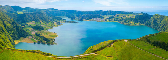 Aerial view of caldera of Sete Cidades at Sao Miguel island of the Azores, Portugal - obrazy, fototapety, plakaty