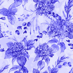 Fototapeta na wymiar Seamless pattern with hydrangea and herb flowers in blue monochrome shades. Botanical motif for textile and surface design
