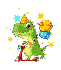 Happy birthday greeting card with cute tyrannosaur rex on scooter 