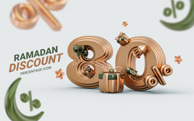 Ramadan and Eid sale banner template Discount 80 percent 3d render crescent moon, lantern gift box