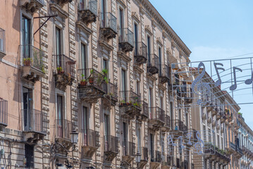 Facades of traditional houses in the Sicilian town Catania, Italy
