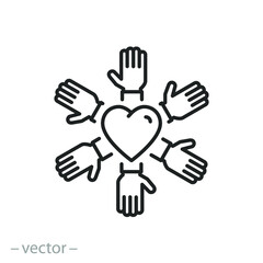 volunteer team icon, need charity, logo hands with heart, join for international help, people collaboration, thin line symbol on white background - editable stroke vector illustration
