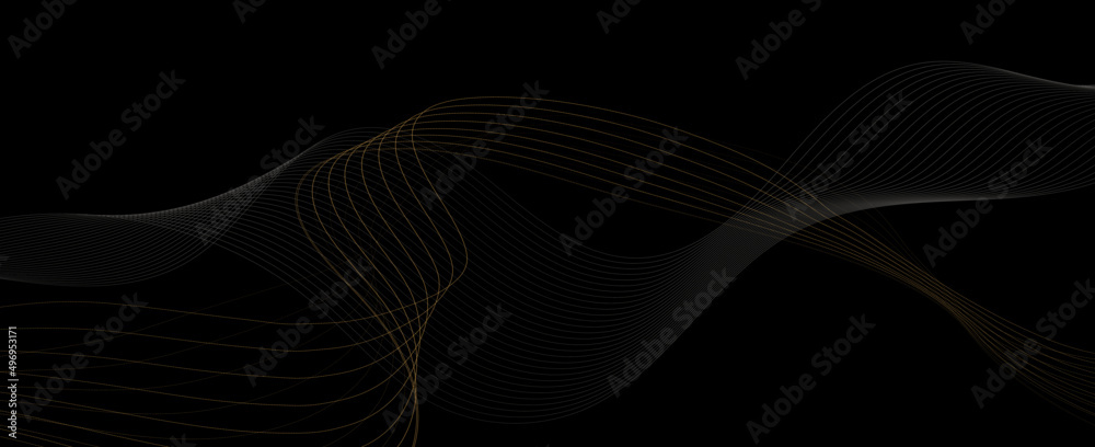 Poster Premium elegant design with golden line pattern on black background. Vector horizontal template for web banner, invitation, luxury flyer, business voucher, gift certificate.