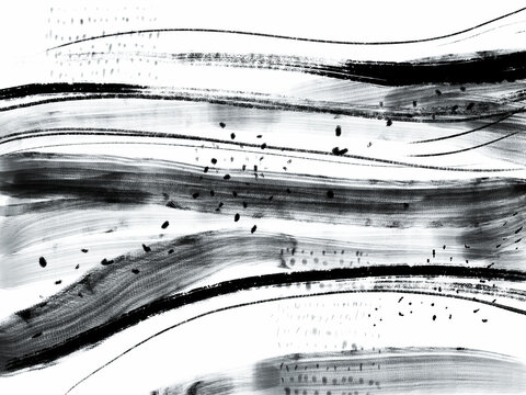 Abstract landscape ink hand drawn illustration. Black and white ink winter landscape with river. Minimalistic hand drawn illustration card background poster banner. Hand drawn watercolor black lines.