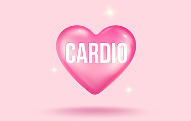 Vector illustration of a pink heart and text of cardio in realistic style. Vector pink heart in 3d style