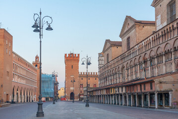 Sunrise view of Piazza Trento e Triste in Italian town Ferrara