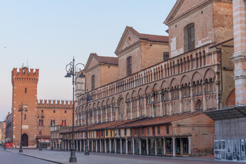 Sunrise view of Piazza Trento e Triste in Italian town Ferrara