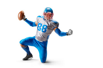 American football sportsman in action and motion. Sport. Standing on one knee on a white...