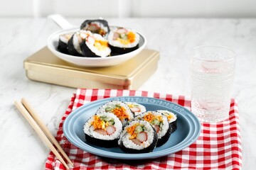 Korean Roll Gimbap (Kimbob or Kimbap) made from Steamed White Rice (Bap)