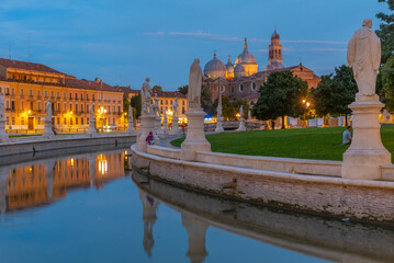 Sunset over Basilica of Santa Giustina at Prato della Valle in Italian town Padua