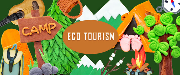 Set of plasticine elements for camping. Ecological background for ecotourism design.