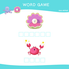 Fototapeta premium Word game worksheet. Complete animals name worksheet. Preschool worksheet. Educational spelling printable game worksheet. Vector illustration.
