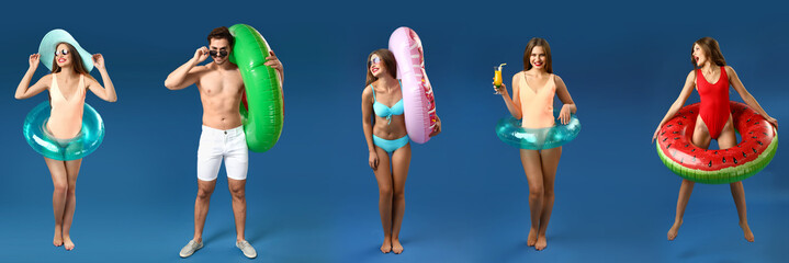 Set of young people with inflatable rings on blue background