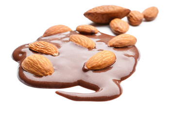 Tasty liquid chocolate with almonds on white background