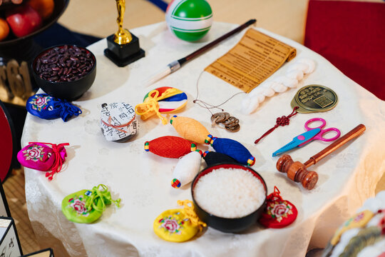 table with decoration and accessories for Doljanchi. first birthday of a Korean