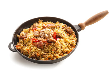 Frying pan with tasty Asian pilaf on white background