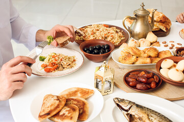 Traditional Eastern dishes on table. Celebration of Eid al-Fitr