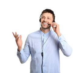 Consultant of call center in headset on white background