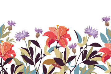 Vector floral seamless pattern, border. Horizontal panoramic illustration with red and purple lilies and cornflowers.