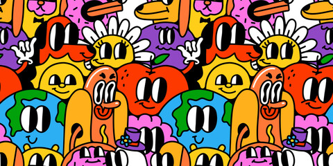 Funny trendy retro cartoon character crowd seamless pattern set. Vintage happy characters background in comic rubber hose art style.