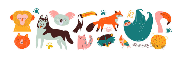 Set of trendy animal doodle and abstract nature icons on isolated background. Colorful wild animals collection. Includes koala, monkey and birds.