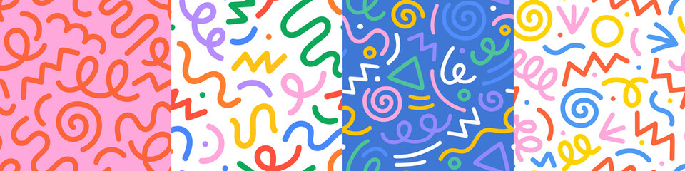 Set of fun colorful line doodle seamless pattern. Creative minimalist style art background collection for children or trendy design with basic shapes. Simple childish scribble backdrop bundle. - obrazy, fototapety, plakaty