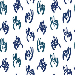 Funny peace sign hand cartoon doodle seamless pattern. Modern illustration background of people hands with two fingers up.