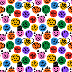 Diverse colorful children people face seamless pattern illustration. Multi color little kid cartoon characters in funny childish doodle style. Friendly community or toddler group background concept.