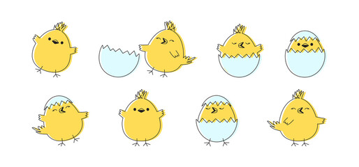 Easter chick vector icon, cartoon chicken baby and egg, cute little bird, yellow funny animal set isolated on white background. Simple drawing illustration - obrazy, fototapety, plakaty