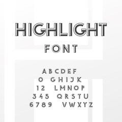 Hand Crafted Sans Serif Style Font Lettering Named Highlight - Black Highlighted Chiseled Style Grotesque Caps and Numerals on White Background - Typography Graphic Design