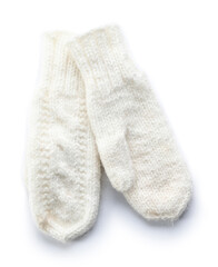 Knitted warm mittens on white background