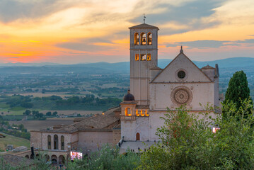 Sunset view of basilica of saint francis of Assisi, Italy