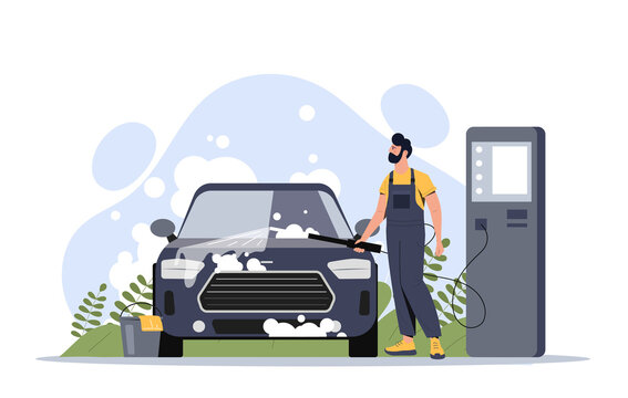 Car wash service. Bearded man in overalls washes vehicle, washerman at workplace. Worker in uniform with soap and water. Happy character outdoor, modern business. Cartoon flat vector illustration